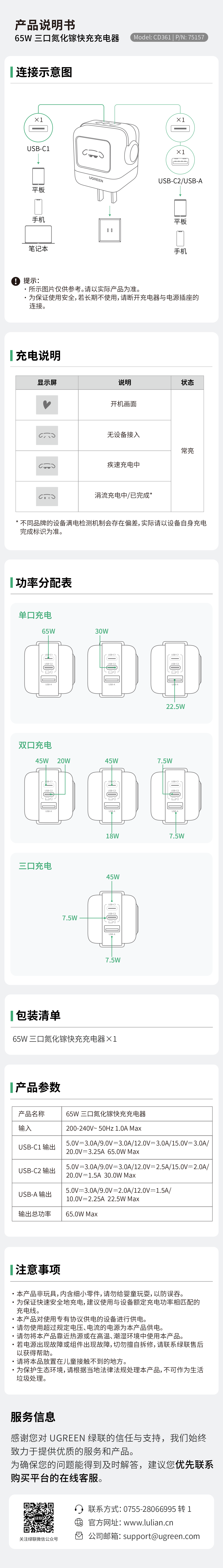 65W三口氮化镓快充充电器，配备显示屏，支持双口/三口智能功率分配